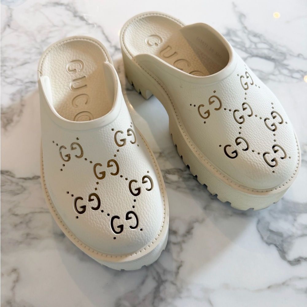 Gucci Cream Leather Perforated GG Clog Mules